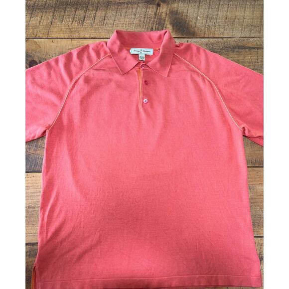 Mens Tommy Bahama Coral Orange Silk Blend Short Sleeve Summer Polo Shirt Large - Picture 2 of 8